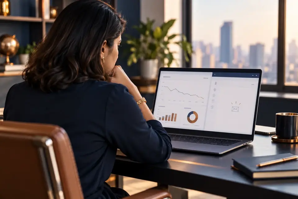 Woman founder reviewing a website dashboard with an empty enquiry area