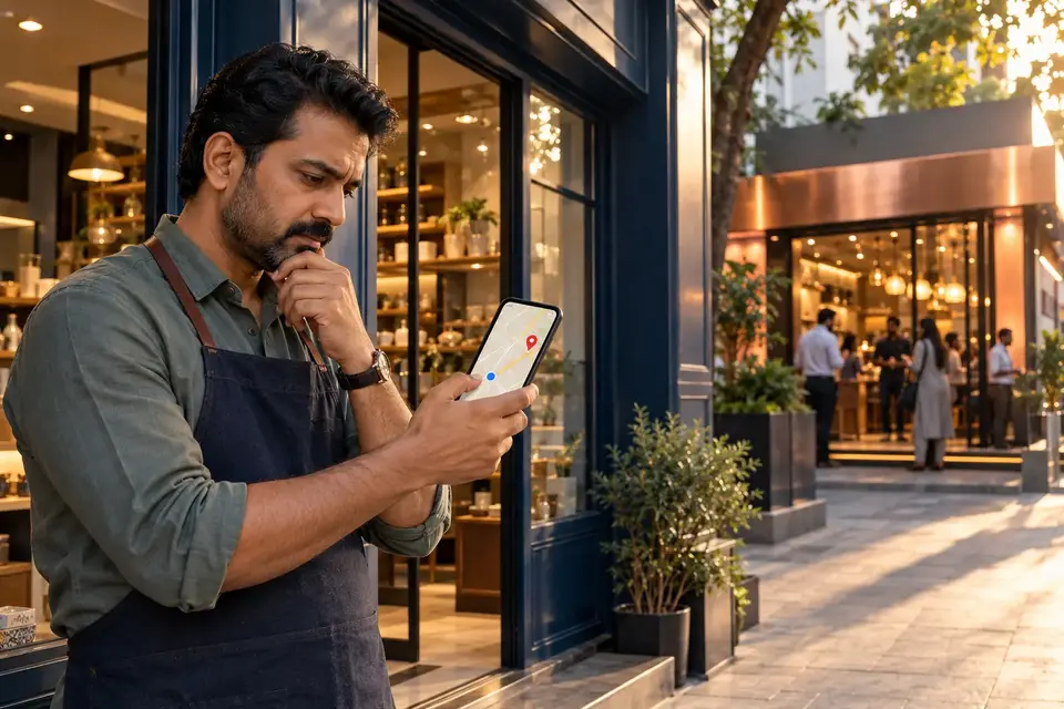 Local business owner checking a map while a nearby competitor is visible