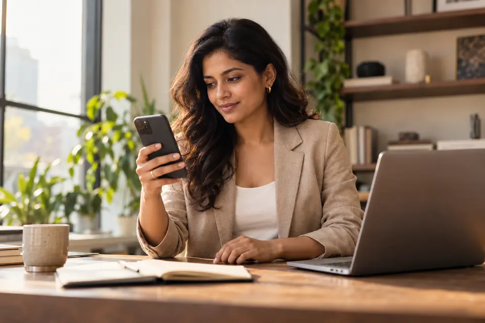 Business owner reviewing her online presence on a phone