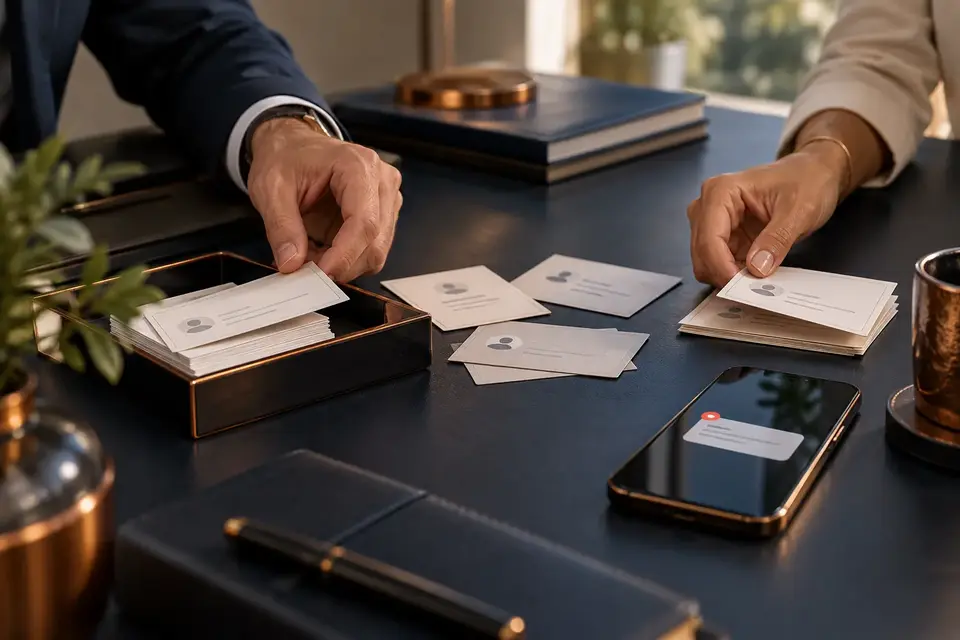 Two people organising enquiry cards and an unanswered phone notification on a desk