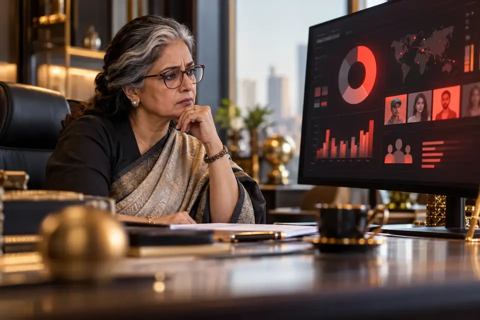 Older woman founder examining an advertising dashboard with an incorrect audience highlighted